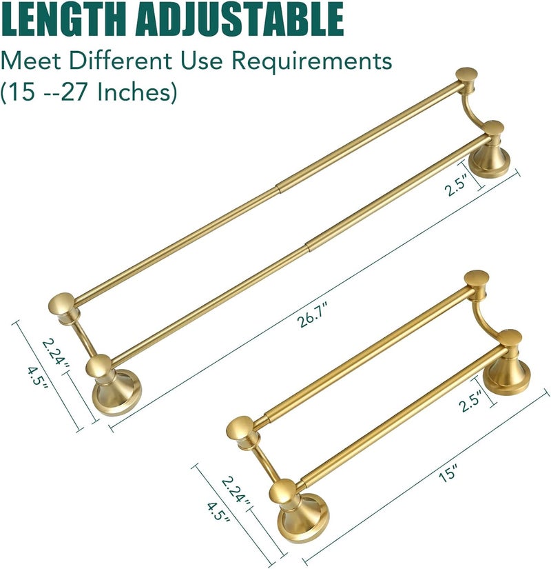 Hoimpro Adjustable Retractable 15-27 Inches Stainless Steel Bathroom Towel Bar, Bathroom Accessories Bath Hotel Double Towel Bar Rod Hanger Wall Mounted Towel Holder Towel Rack, Brushed Gold - Image 4